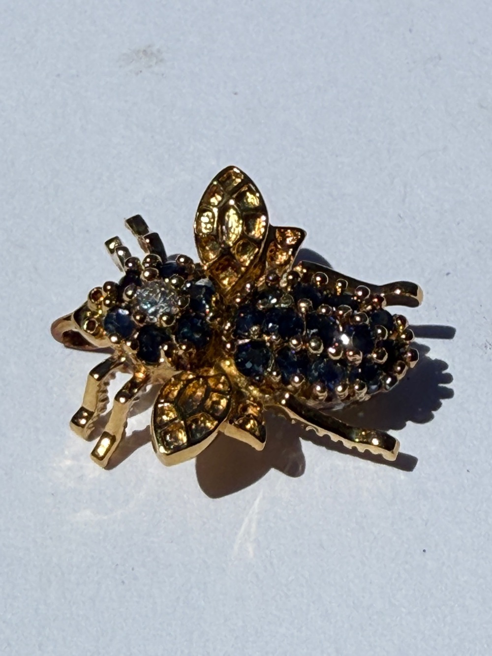 Sterling Silver Vermeil Bee Brooch Pendant with Sapphires and CZ